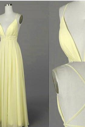 Light Yellow Chiffon Plunge V Spaghetti Straps Floor Length A-line Formal Dress Featuring Criss-cross Open Back