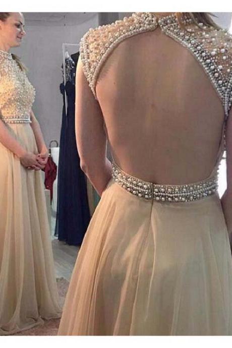 Open Back Prom Dress With Pearls Beads
