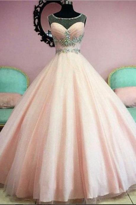 Sheer Neck Pink Ball Gown Prom Dress Formal Occasion Dress