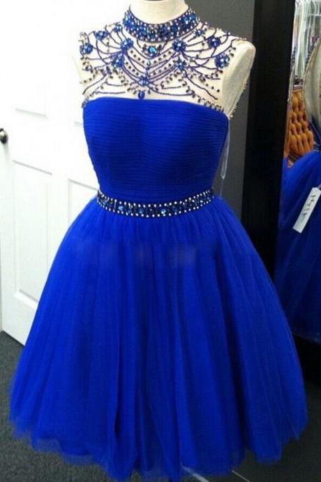 Sheer Neck Royal Blue Short Homecoming Dress