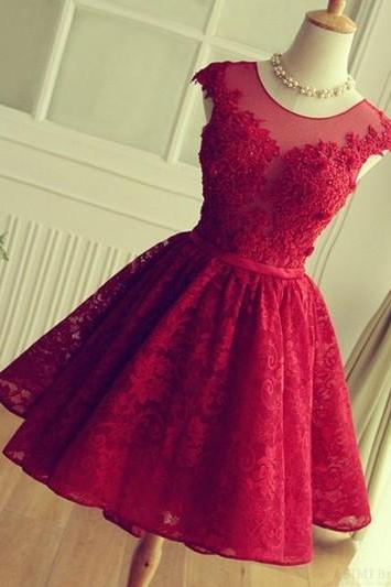 Dark Red Short Lace Dress With Open Back