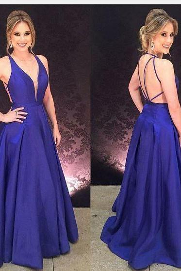 Backless Plunging Neck Long Prom Dress