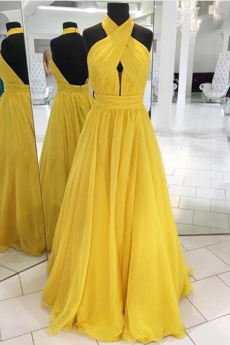 Halter Yellow Prom Dress With Keyhole Front