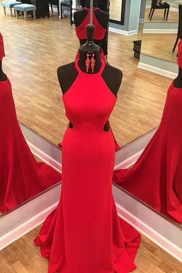 Halter Red Long Prom Dress With Low Open Back