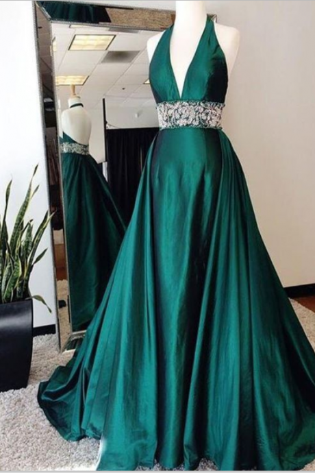 Halter Dark Green Prom Dress With Open Back