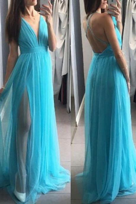 Plunging Neck Prom Dress With Slit Maxi Dress