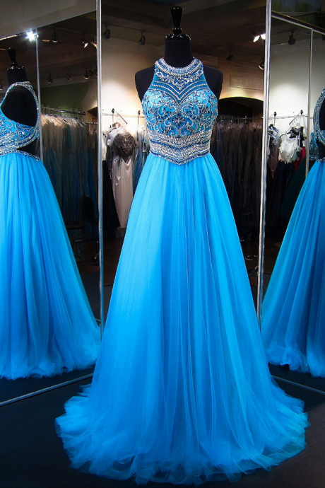 Turquoise Long Beaded Prom Dress With Keyhole Back