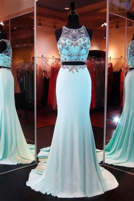 Light Blue Two Pieces Prom Dress With Beads