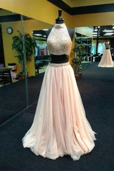 High Neck Two Pieces Prom Dress With Beading