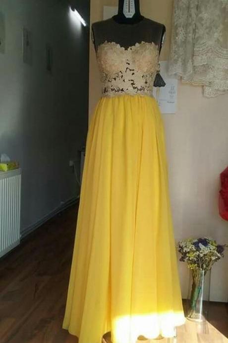 Illusion Bodice Yellow Long Party Dress Prom Dress