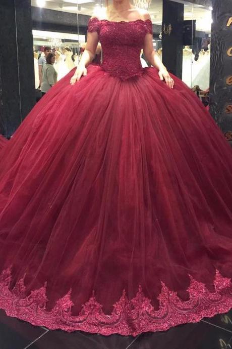Off The Shoulder Burgundy Quinceaneara Dress With Lace Trim