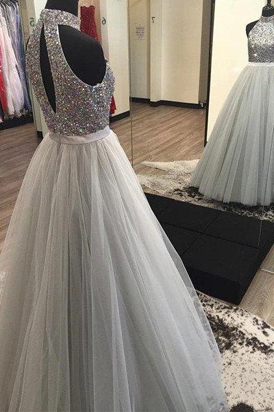 High Neck Gray Long Tulle Prom Dress With Keyhole Back