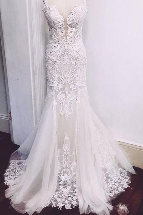 Fit and Flare Lace Bridal Wedding Dress with Lace Spaghetti Straps