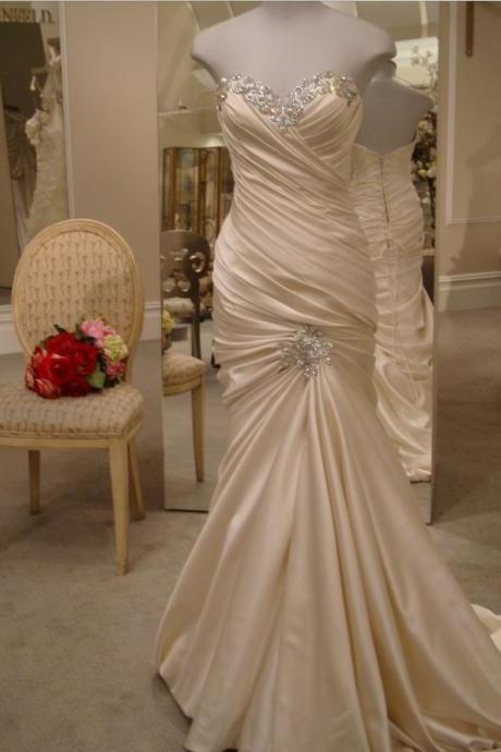 Sleeveless Ruched Champagne Wedding Bridal Dress