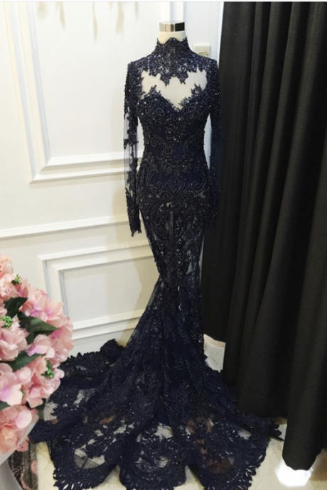 High Collar Black Lace Prom Dress Long Sleeves Mermaid Evening Dress