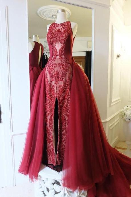 Burgundy Lace Formal Occasion Dress With Detachable Skirt