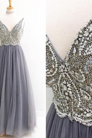 Grey Prom Dress With Beads