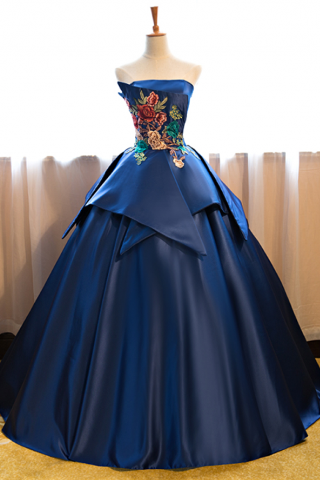 Royal Blue Strapless Floral Embroidered Princess Ball Gown, Prom Dress, Evening Dress Featuring Lace-up Back