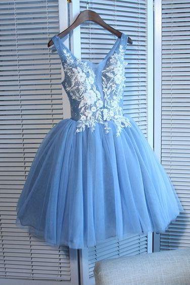 V Neck Short Blue Party Dress