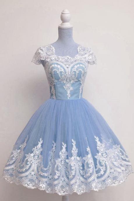 Short Blue Party Dress With Appliques Lace