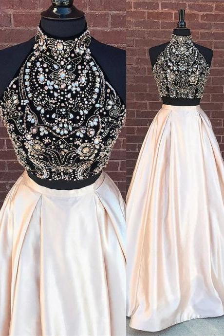 Two Pieces Prom Dress Wit Beaded Crop Top