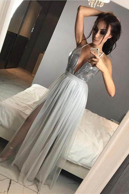 Sexy Backless Silver Prom Dress