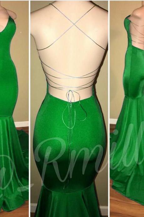 V Neck Green Mermaid Prom Dress With Tie Strings Back