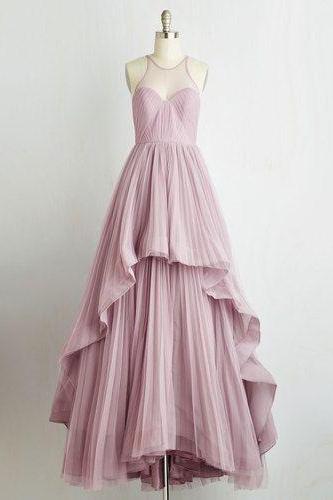 Sheer Neck Prom Dress With Tiered Pleated Skirt