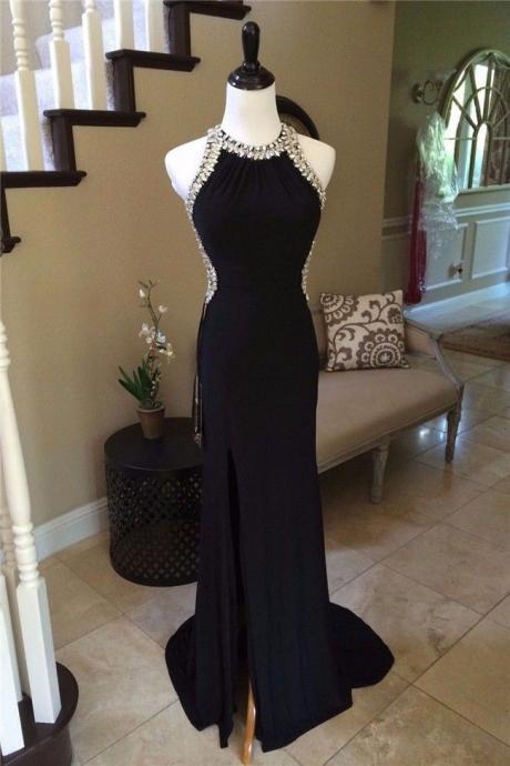 Black Halter Jewel Embellished Mermaid Long Prom Dress, Evening Dress Featuring Crisscross Back And Front Slit