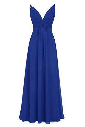 Blue Chiffon Ruched Plunge V Floor Length Formal Dress, Prom Dress