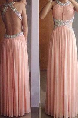 Backless Long Chiffon Prom Dress With Crystals