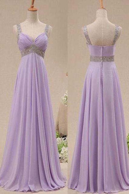 Lavender Pleated Chiffon Prom Dress With Beaded Waist