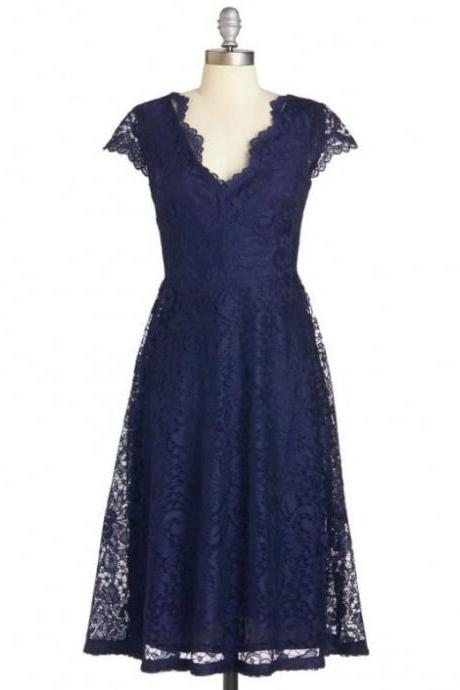 Navy Blue Lace Plunge V Cap Sleeves Short A-line Homecoming Dress, Bridesmaid Dress, Formal Dress