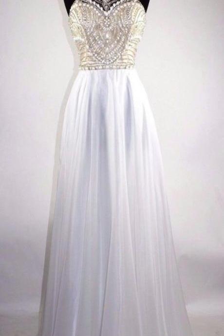 White Chiffon Prom Dress With Beads