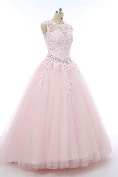 Sheer Sweetheart Neckline Pink Ball Gown Wedding Dress With Crystals