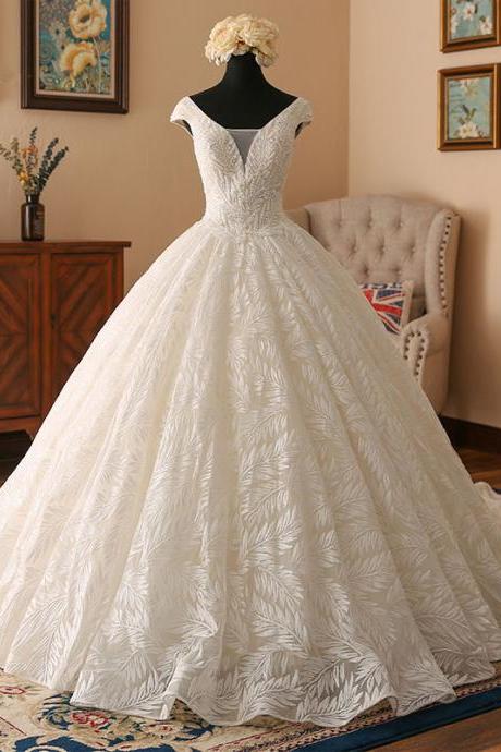 Cap Sleeves Ivory Lace Ball Gown Wedding Dress