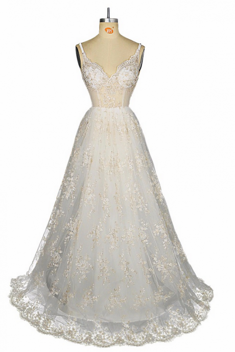 Spaghetti Straps Sheer Waist Lace Wedding Dress