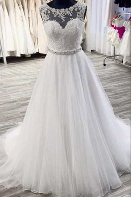Sheer Neck Ivory Wedding Dress With Sheer Back