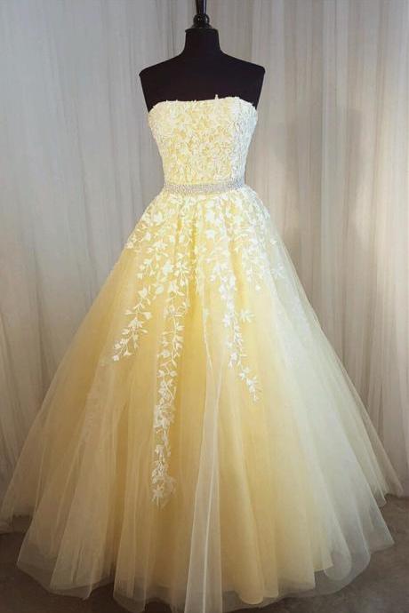 Strapless Light Yellow Prom Dress With Beaded Waist