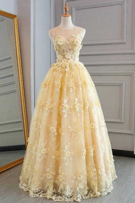 Sheer Neck Floor Length Sun Yellow Formal Occasion Dress With Petals