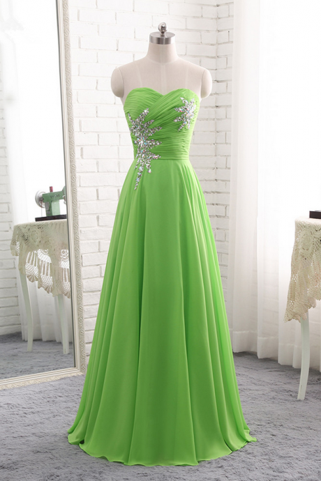 Sleeveless Pleated Green Chiffon Evening Dress With Crystals
