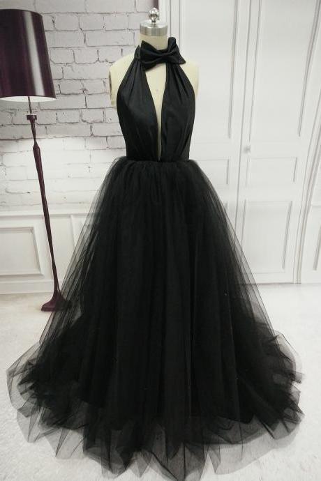 Backless Halter Black Prom Dress