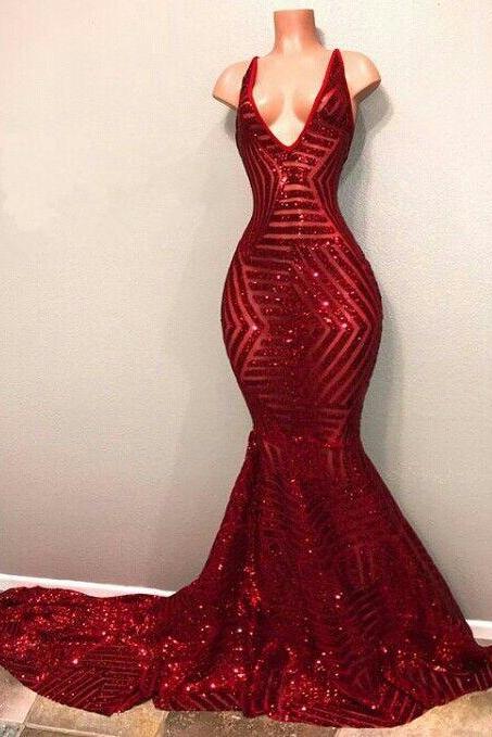 V Neck Red Sequin Mermaid Prom Dress