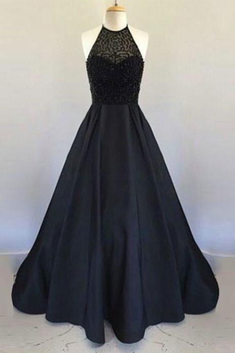 Open Back Black Prom Dress With Beaded Bodice