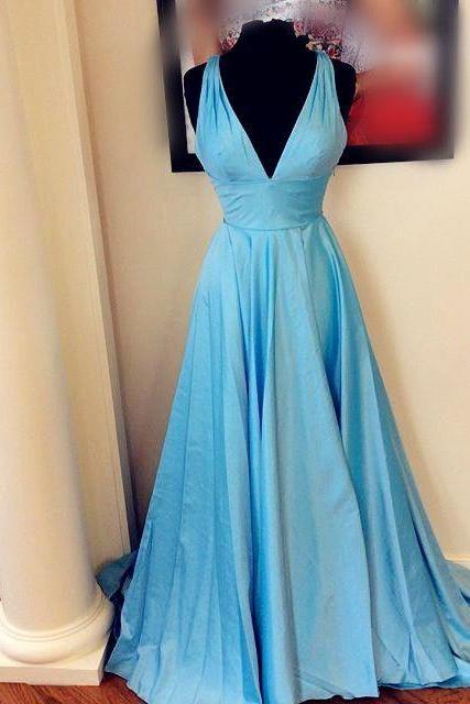 A-line V Neck Blue Prom Dress