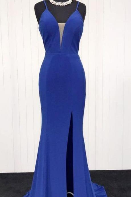 Spaghetti Straps Blue Prom Dress With Slit