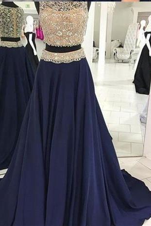 Two Pieces Navy Prom Dress With Beaded Crop Top