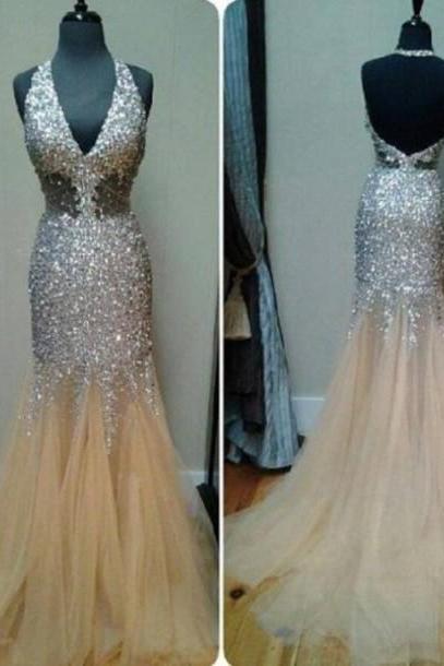 Halter Backless Sparkle Prom Dress
