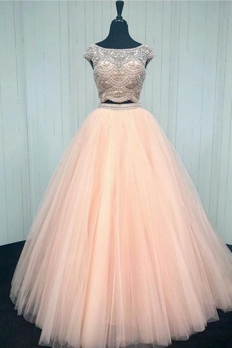 Two Pieces Prom Dress With Cap Sleeved Crop Top