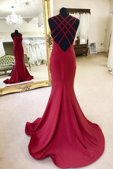 Dark Red Mermaid Prom Dress With Strapy Back